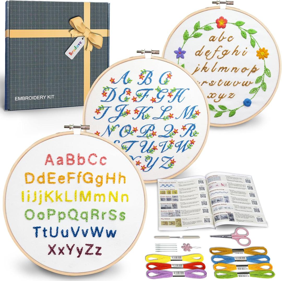 Bradove 3 Sets Alphabet Letter Practice Embroidery Kit for Beginners Adults Kids, Learn to Embroider Kit Adult Beginners