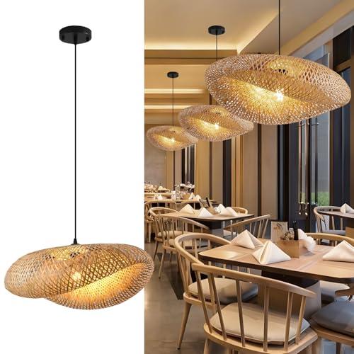 Teru Ji Kaikang Hand Woven Bamboo Pendant Light,23.62 in Bamboo Rattan Ceiling Hanging Light Hand Woven Wicker Chandelier for Living Room Kitchen Dining Room Farmhouse