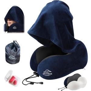 Travel Pillow with Extra Large Hood for Airplane Long Flights Privacy and Comfort Memory Foam with Velvet Cover for Road Trip Head&Neck Support for Plane Office Cars Sleeping & Rest (Navy Blue)