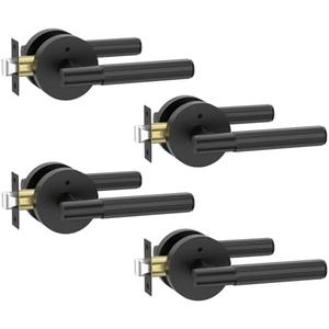 Amerdeco 4 Pack Matte Black Door Handles Interior,Knurled Privacy Door Handles with Lock,Heavy Duty Black Door Lever for Bedroom or Bathroom,Reversible Keyless for Left Right Handed Doors AM0033