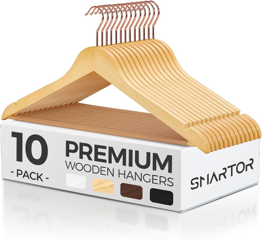 Smartor Wooden Hangers 10 Pack, Solid Wood Coat Hanger for Closet, Heavy Duty Wood Hangers for Suits, Shirts, Dresses, with 360 Rose Gold Hook, Non Slip Pant Bar, Natural