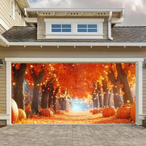 13x6ft Autumn Forest Garage Door Banner Fall Pumpkin Path Harvest Backdrop for Thanksgiving Halloween Outdoor Indoor Decor Seasonal Party Decorations Photo Background Wall Display