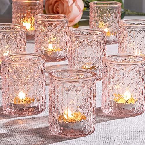 NITIME 8Pcs Pink Votive Candle Holders, Tealight Candle Holder for Valentine's Day, Baby Shower Decorations for Girl, Glass Candle Holder for Wedding Centerpieces, Bridal Shower, Party Decorations
