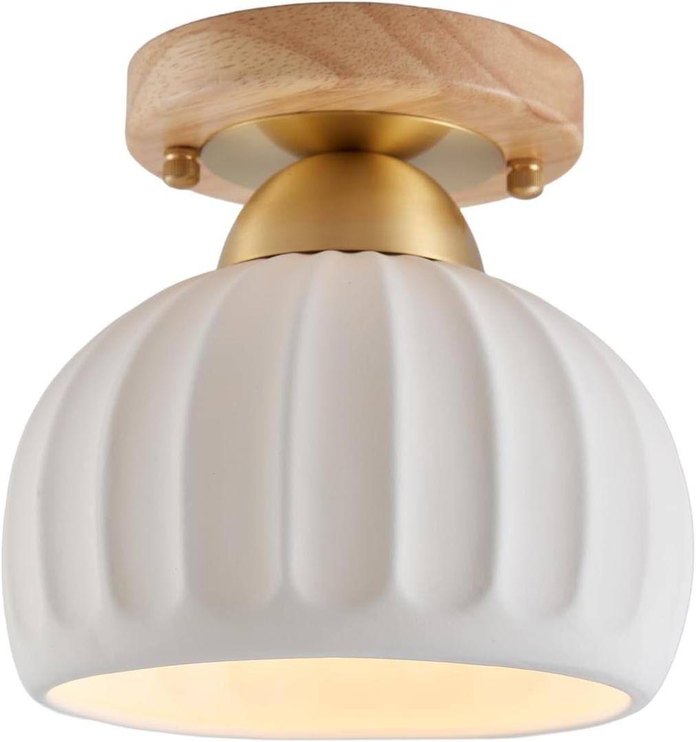 Ceramic Wood Brass Semi Flush Mount Ceiling Light Vintage Hallway Light Fixture, Mid Century Modern Small Ceiling Mount Chandelier Light Fixture for Kitchen Laundry Room Entryway Porch Foyer (Wood+Brass Base 1 Pack)