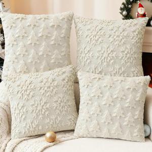Christmas Tree Snowflake Pillow Covers 18x18 inch Set of 2 Double-Sided Beige Christmas Throw Pillow Cases Soft Plush Faux Fur for Winter Decoration Chair Sofa Bedroom Living Room Home Decor