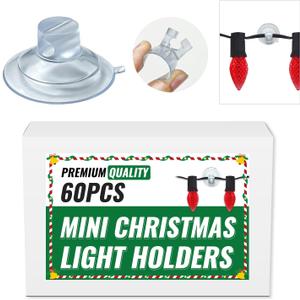 60pcs Mini Christmas Light Suction Cups, Small Holiday Light String Hooks Holders, Clear Rope Light Caddy Window Glass Suction Cup Clips Hang Seasonal Lights & Xmas Decorations