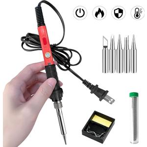 Soldering Kit, 60W Soldering Iron, 110V Welding Kit with Ceramic Heater, Portable Solder Irons with 5pcs Extra Tips, Stand, Solder Tube, Sponge, for Electronic Repair (9-in-1 Basic)