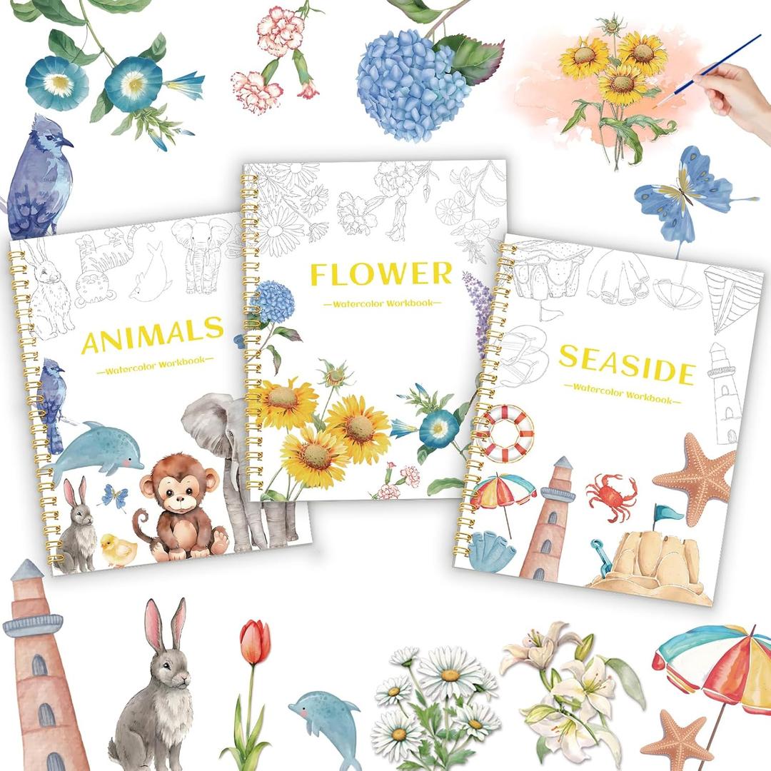 3Pcs Watercolor Workbook - Coloring Book for Beginner, Coloring Books for Adults with Step by Step,3 Essential Adult Coloring Book Themes, Exploration Gift for Adults Teens (Flowers-Animals-Seaside)