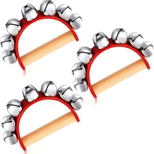 3 Pieces Red Christmas Sleigh Bells Jingle Gold Musical Instrument Wooden Handle Bells for Valentines(7 Bells)