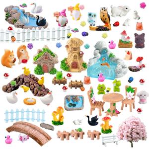 U-Zimikee 100 Pcs Mini Fairy Garden Accessories - Miniature Landscape Decorations with Bridge Pond House Gnome Figurines Mini Resin Animals Miniature Garden Figures Bulk for Dollhouse Garden Craft