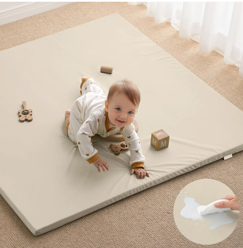 Blissful Diary Vegan Leather Baby Play Mat, 50x50 Thick Foam Cushioned & Waterproof Playpen Mat for Infants and Toddlers, Stylish and Just Wipe-Clean Playmat for Baby Play on Floor, Beige