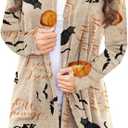 Women's Halloween Pumpkin Cat Print Knitting Cardigan Long Sleeve Open Front Knitted Sweater Outwear Coat Tops (Deep Gray (Medium, Beige)