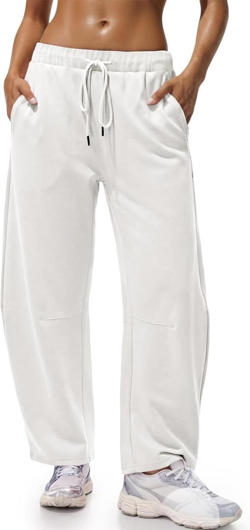 Fisoew Womens Wide Leg Sweatpants Baggy Drawstring Elastic Waisted Travel Track Pants Color Block Joggers with Pockets White, XL