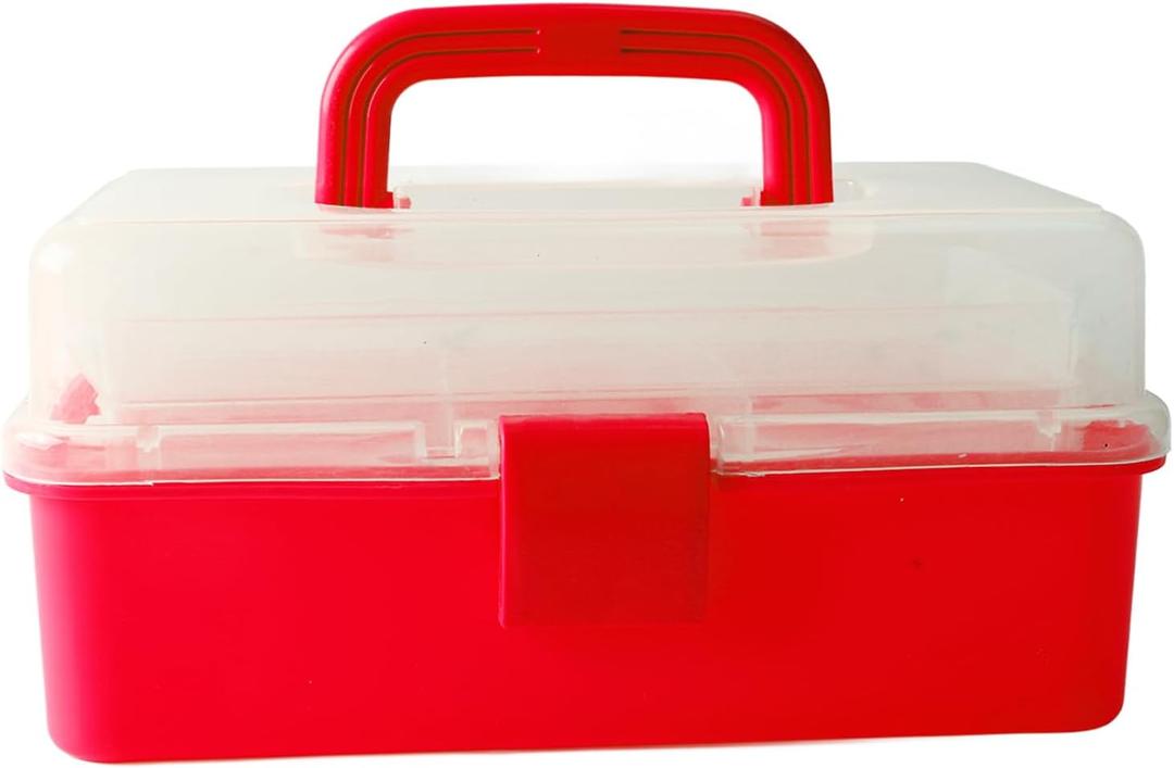3 Layer Folding Storage Box, Plastic Dividing Storage Box Handled Art Supply Organizer Portable Folding Tackle Box with Handle for Sewing, Art Supplies, Medicine, Tools(Red)