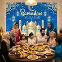 2 x Blue Ramadan Decorations Banner Muslim Ramadan Kareem Banner Decorations Ramadan Mubarak Photography Backdrop for Muslim Home Eid Al Fitr Party 5.9x3.6Ft