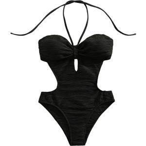MakeMeChic Women's One Piece Swimsuit Cut Out Halter Open Back Bathing Suit Swimwear (Black, XS)
