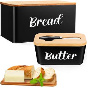 Hushee Metal Bread Box and Butter Dish with Bamboo Cutting Board Lid and Knife Bread Storage Container Breadbox for Kitchen Counter Butter Organizer for Kitchen Countertop Decoration(Black)