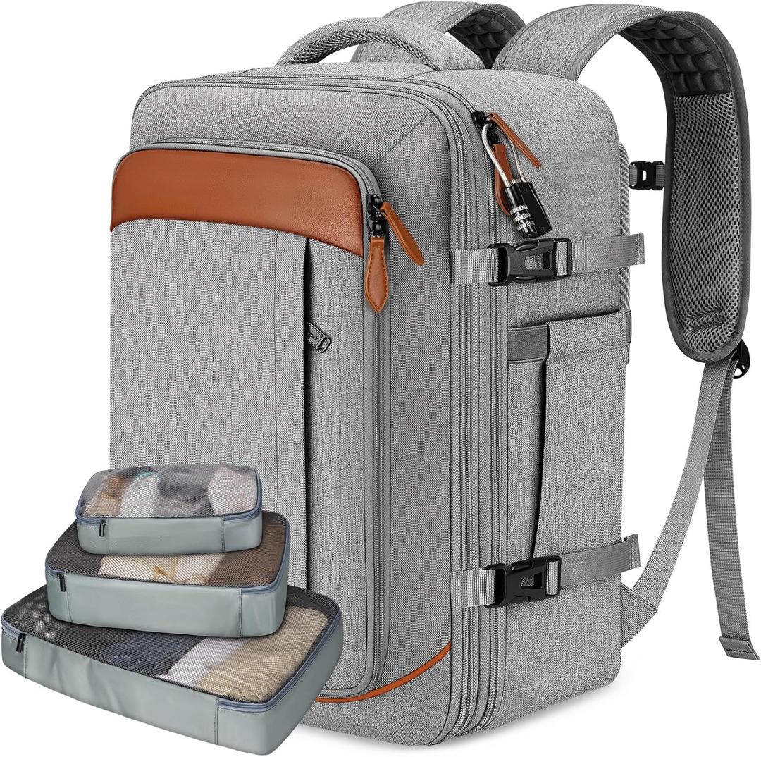 Vancropak Carry on Backpack, Flight Approved 18x14x8 Travel Backpack with 3 Packing Cubes, Expandable Large 40L Travel Bag fits 17.3" Laptop, Anti Theft Luggage Suitcase Weekend for Women Men, Grey