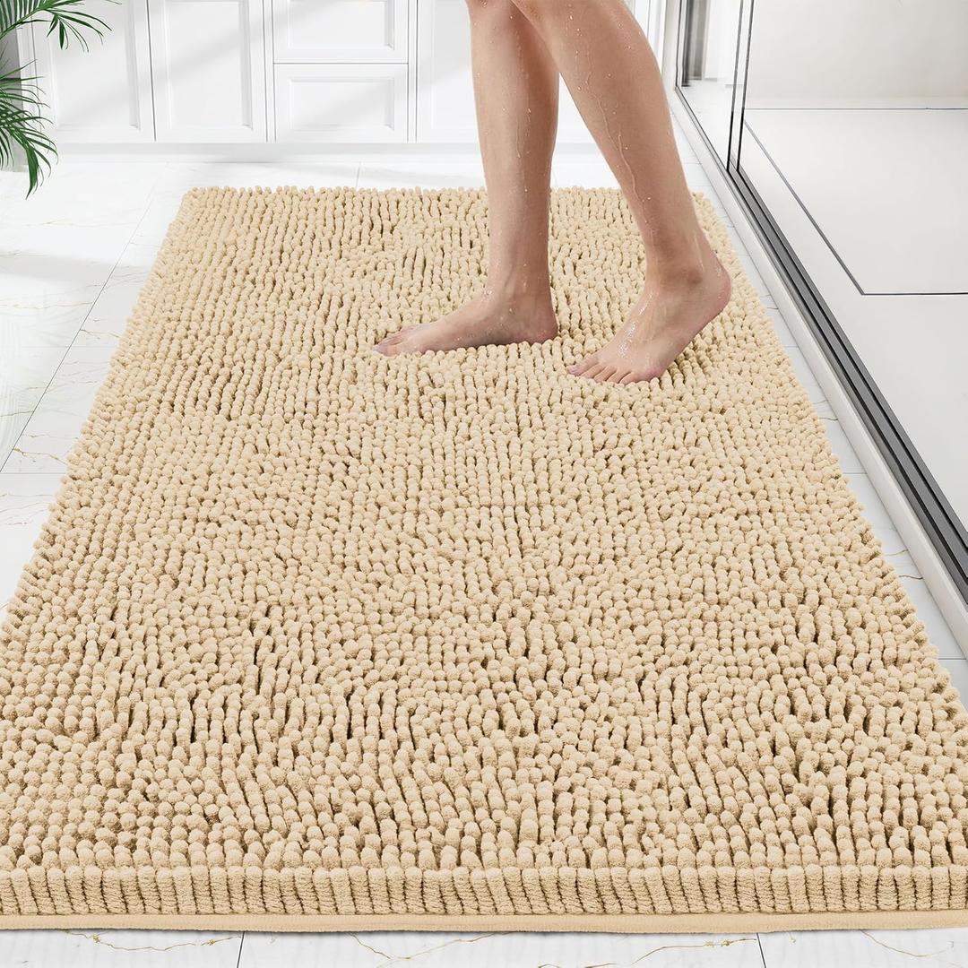 Bathroom Rugs Mat 60 x 36, Thick Soft Absorbent Chenille Bath Rugs, Rubber Backing Bath Mats for Bathroom Floor, Tub, Shower, Bedroom, Home Decor Accessories, Quick Dry Machine Washable, Beige