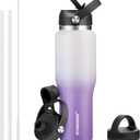 40 oz Insulated Water Bottle with Straw fit in Car Cup Holder(Cold 48 hrs, Hot 24 hrs) Drinking Bottle with Straw Lid, Spout Lid and Flex Cap Leakproof Travel Thermo MugWhite - Purple
