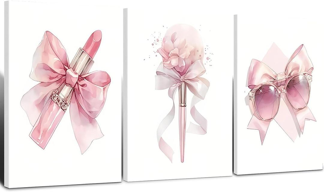 3Pcs Framed Pink Bow Feminine Lipstick Sunglasses Flowers Wall Art Decor Canvas Print Fashion Artwork Mural Picture Poster Bedroom Dressing Table Salon Decor 12x16 Inch Ready to Hang