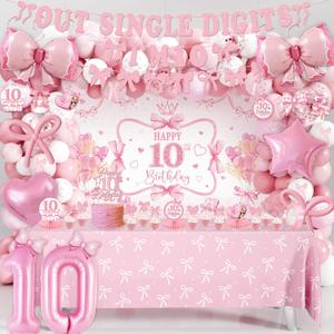 10th Birthday Decorations for Girl, Pink Bow Themed Party Supplies Includes "I'm 10" Banner, Backdrop Hanging Swirls, Centerpieces Number 10 Balloon & Mini Bow Balloons for Double Digits Birthday Girl