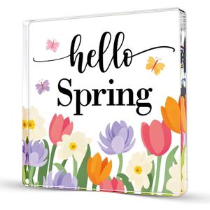 Spring Decor For Home Table Indoor Hello Spring Office Sign For Women Farmhouse Desk Decorations For Friends Besties Family
