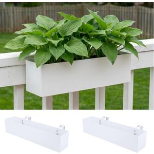 LaLaGreen Planter Boxes Outdoor (16 Inch, 2 Pack) White Metal Rectangular Railing Flower Box with Brackets, Deck Railings Planters for Plants Fence Balcony Patio Porch Modern Garden Decor Over Rail