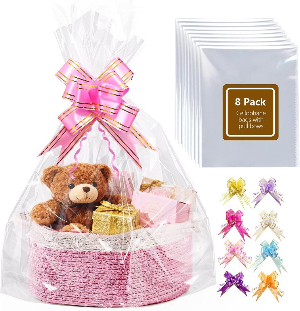 Boensi 8 Pack Extra Large Cellophane Bags with Pull Bows,24x30 inches Clear Hampers Bags for Gift Baskets,Halloween, Easter, Christmas Fruit Basket and Gift Packaging