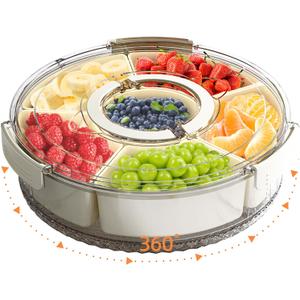 Divided Serving Tray with Lid and Handle, Stackable Snackle Box Container for Fruits Candy Organizer, Portable Spinning Rounded Veggie Tray for Kitchen, Party, Trave and Picnic-1 PACK