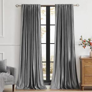 PRIMROSE Dark Grey Velvet Curtains 120 inch Long for Living Room,Set of 2 Panels Blackout Rod Pocket Back Tab Window Treatment Room Darkening Heavy Decorative Curtains Drapes for Bedroom