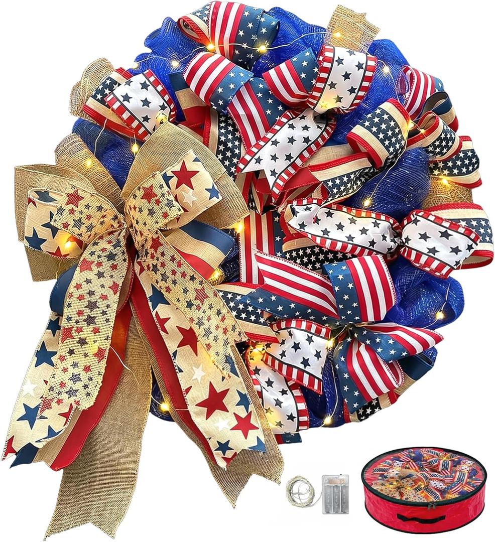 250th Anniversary Patriotic Wreaths for Front Door, 24 Inch Large 4th of July Decorations, Handcrafted Ribbon Burlap Bow, Red White and Blue Memorial Day Wreath with Lights & Storage Bag