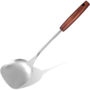 Wok Spatula Stainless Steel 14.17 inch Spatula Wide Metal Wok Tools with Wooden Handle Cooking Utensils Woks Accessories for Cooking Stirring Mixing Turning Silver