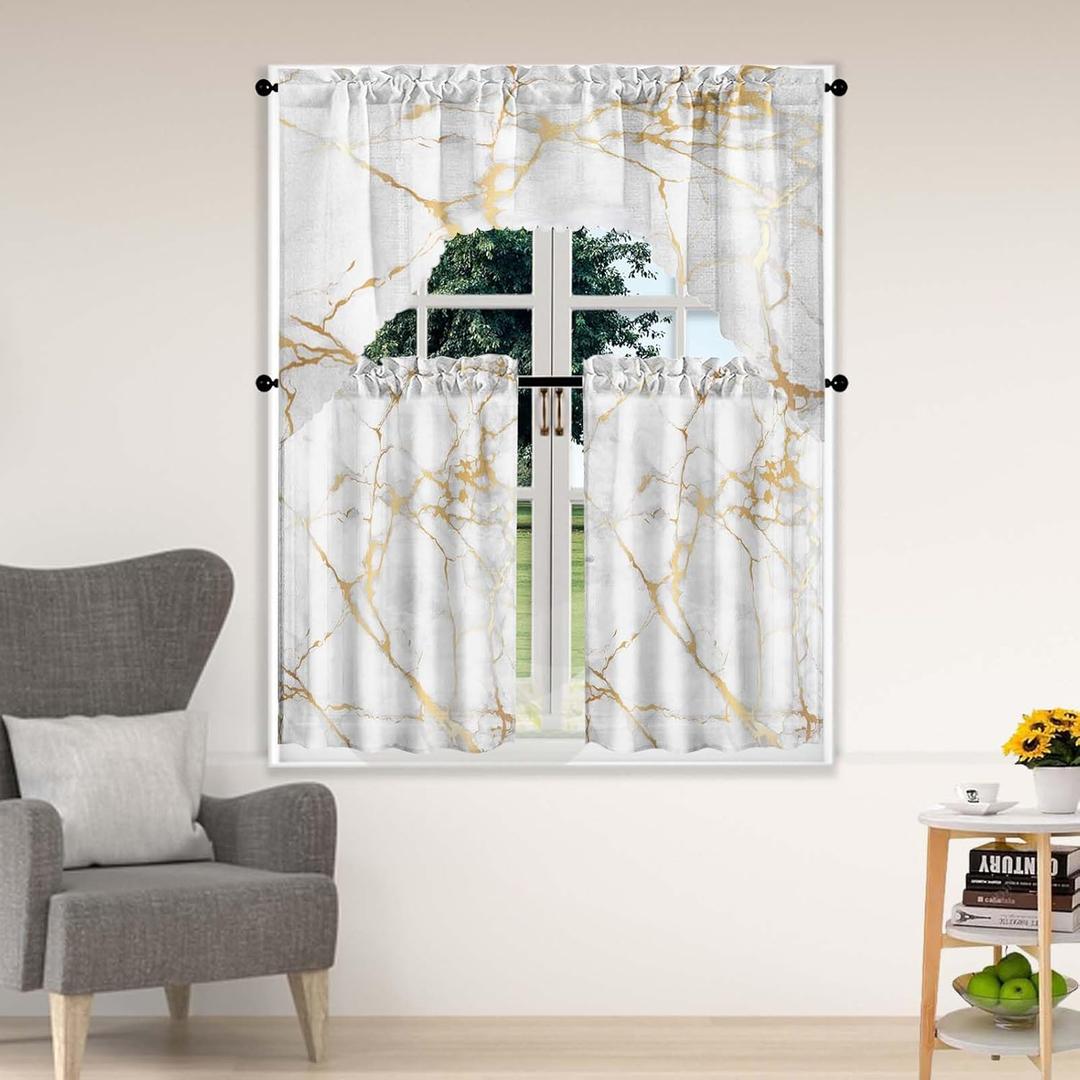 Marble Luxury Gold Tier and Swag Window Curtain Set, 3Pcs Kitchen Curtain Marble Art Valance Set White Rod Pocket Curtain for Kitchen Window Modern Unique Patterns