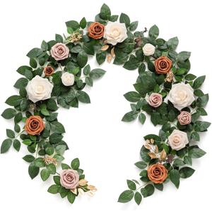 Ling's moment 5FT Terracotta Artificial Flower Garland Rust Rose Leaves Floral Garland Ivory Orange Arch Flowers Vine for Wedding Party Backdrop Decor Mantel Home Table Centerpieces Wall Decorations