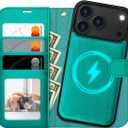OCASE for iPhone 17 Pro Detachable Wallet Case with Card Holder, 2 in 1 PU Leather Flip Folio with RFID Blocking Stand Wrist Strap Shockproof Phone Cover 6.3 Inch 2025, Blue Green