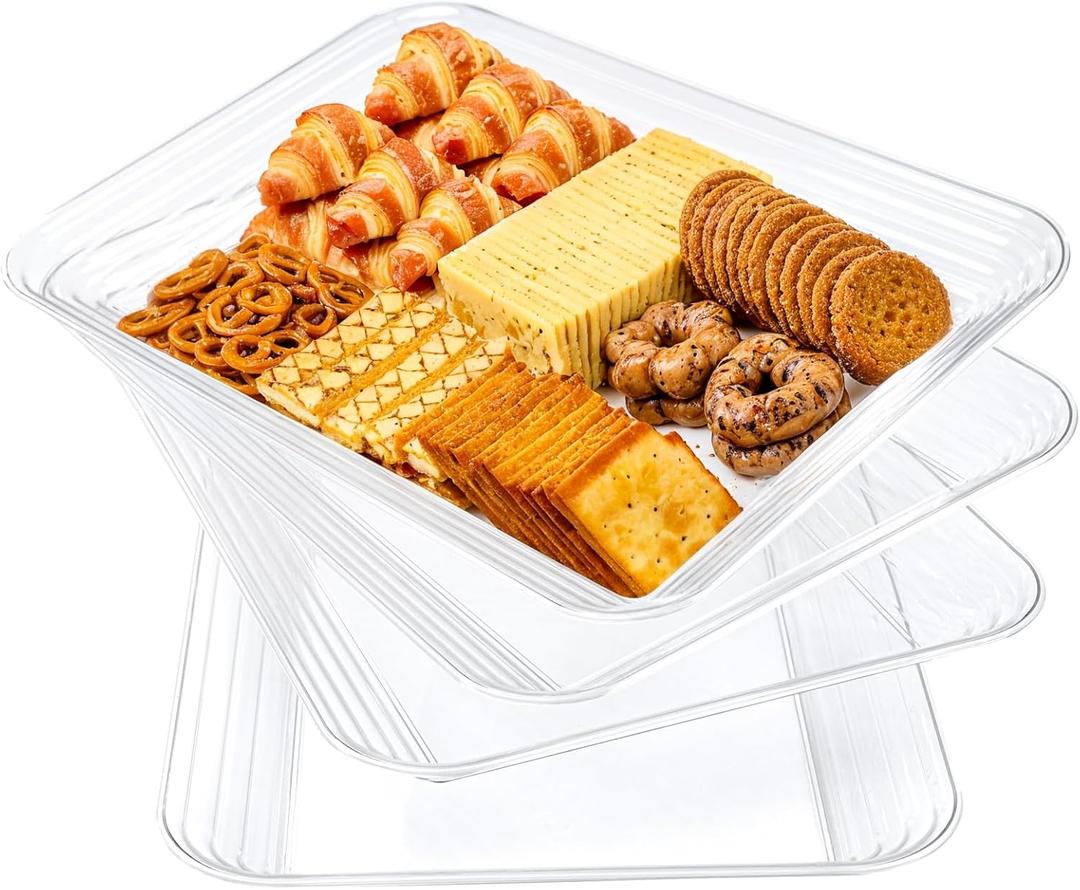 SUT 4-Pack Clear Serving Trays for Entertaining, 16" x 11" Serving Platters for Snacks, Fruit, Cookies, Dessert, Reusable Plastic Trays for Serving Food and Party Organization in Kitchen &for Parties