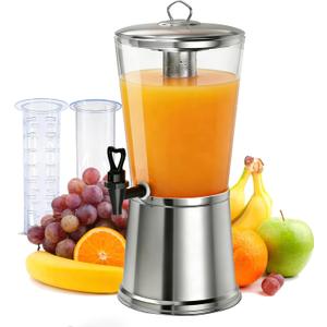 Beverage Dispenser with Stand, 2.5 Gallon Drink Dispenser for Parties,Events,Buffet &Self-Serve,Dual Ice Tube Core Fruit Infuser,Leakproof Spigot,Clear PC Container, Stainless Steel Lid&Base