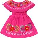 Mexican Dress for Toddler Girls Floral Embroidered Dresses Traditional Folklorico Off-Shoulder Cinco de Mayo Dresses (2-3T, Hot Pink)
