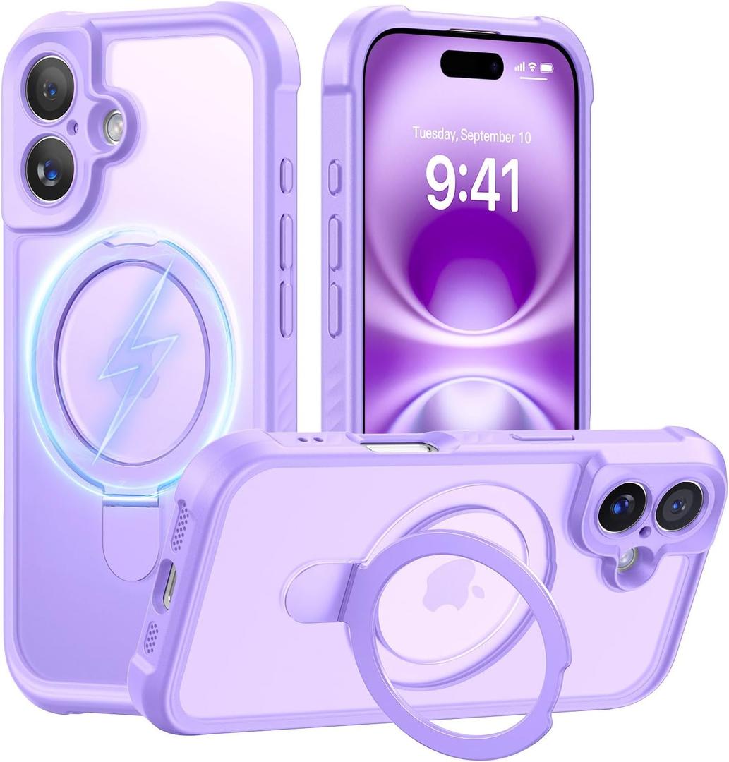 MOCCA Design for iPhone 16 Case with Magnetic Invisible Stand [Full Camera Protection] [Compatible with Magsafe] Military Drop Shockproof Translucent Matte Phone Case Cover 6.1",Light Purple
