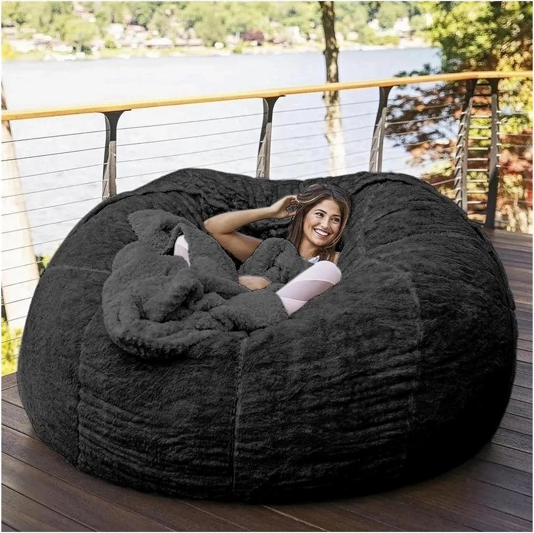 Bean Bag,Giant Fur Bean Bag Chair Cover for Adults Kids (Without Filling) Comfy Fluffy Giant Round Beanbag Lazy Sofa Cover for Reading Chair Floor Chair Lazy Sofa Bed Cover Soft Fluffy Faux BeanBag (6FT, Black)