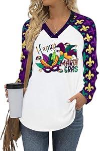 Mardi Gras Shirts for Women: Fat Tuesday Shirt Funny Mask Graphic Tee Carnival Long Sleeve Shirt New Orleans Party V Neck Top White 2XL