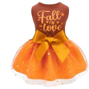 Fitwarm Thanksgiving Fall in Love Dog Dress, Sparkly Dog Clothes for Small Dogs Girl, Holiday Pet Tutu Dress, Cat Outfit, Brown, Orange, XS