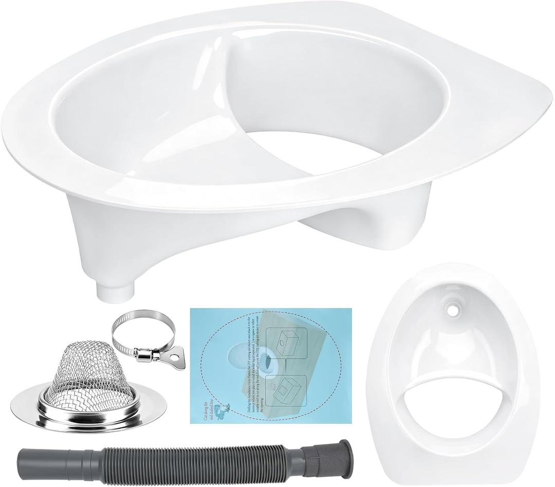 Upgraded Large Composting Toilet Urine Diverter DIY Kit,Complete Wrap-Around Urine Separator with Stainless Steel Sink Lid,Drain Hose and Cutout Sticker, ABS Material fits Composting Toilet, RV,Boat, Standard