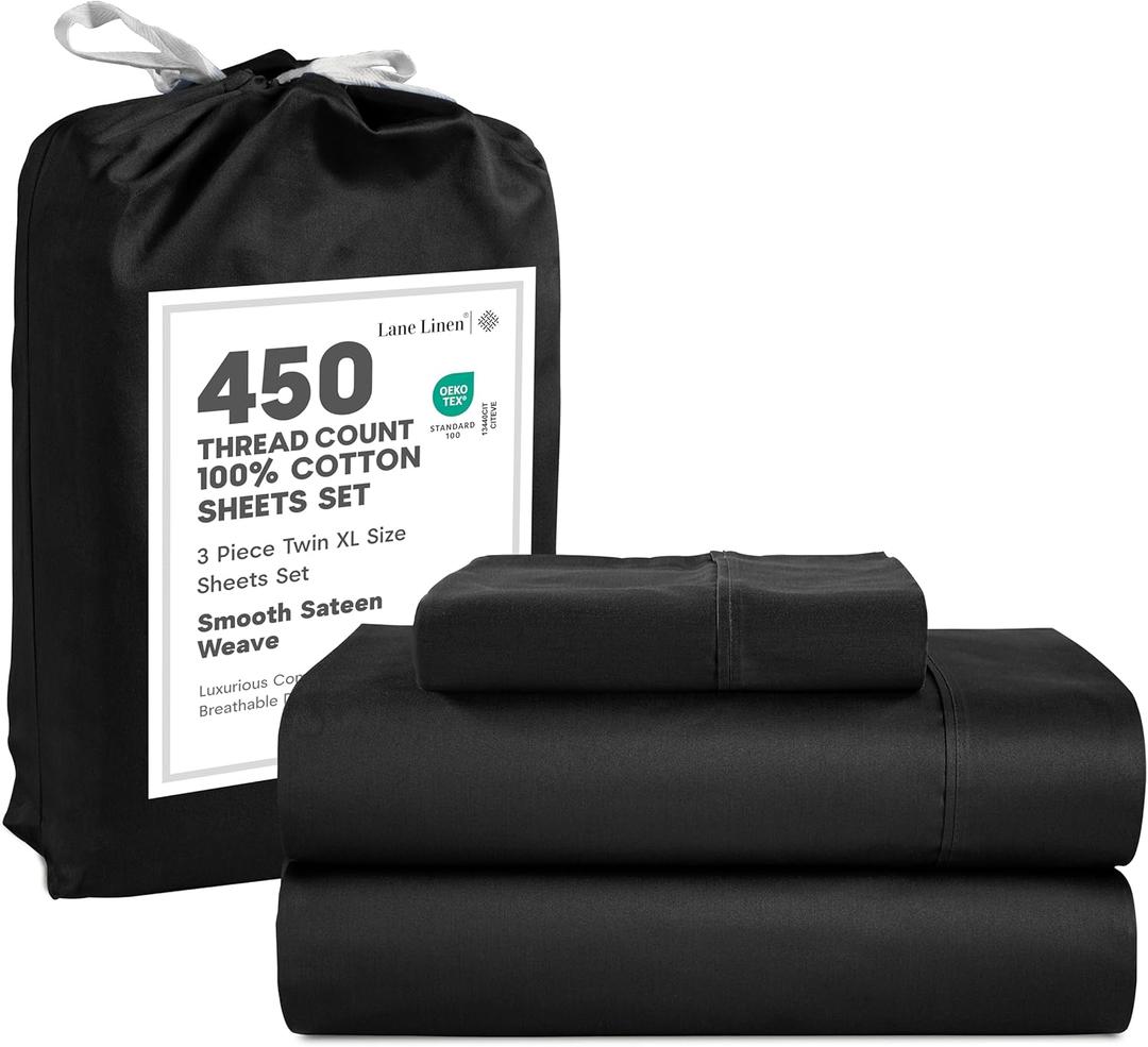 LANE LINEN Twin XL Sheets Set  450 Thread Count 100% Long Staple Cotton, Soft & Cooling Sateen Weave, 15 Deep Pocket Fully Elasticized Twin XL Fitted Sheet, Hotel Quality, Black