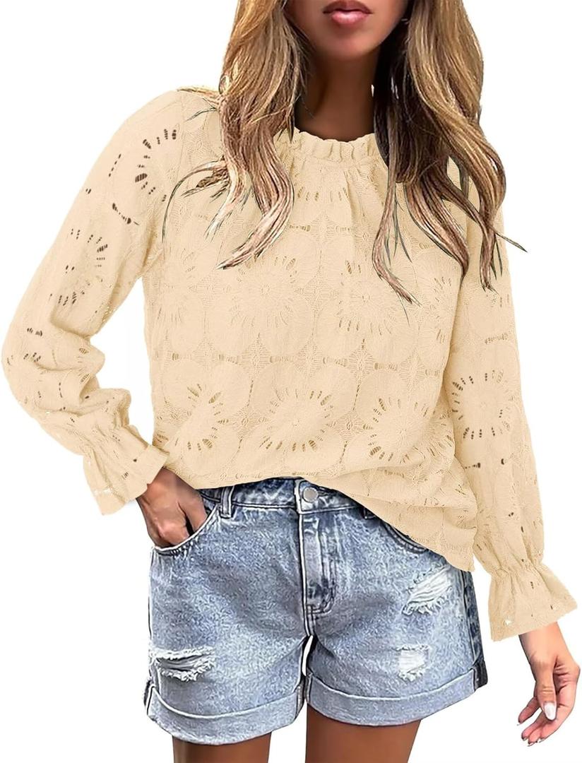StunShow Women Eyelet Shirts Long Sleeve Shirts for Women Lace Dressy Embroidered Blouses 2025 Fashion Top (L)