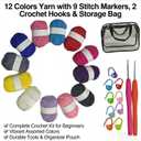 24-piece Crochet Starter kit Includes 12-Color Yarn Bundle, 2 Crochet Hooks, 9 Stitch Markers, and a Storage Bag; Complete Knitting Set Suitable for DIY Crafts and Scarf Making