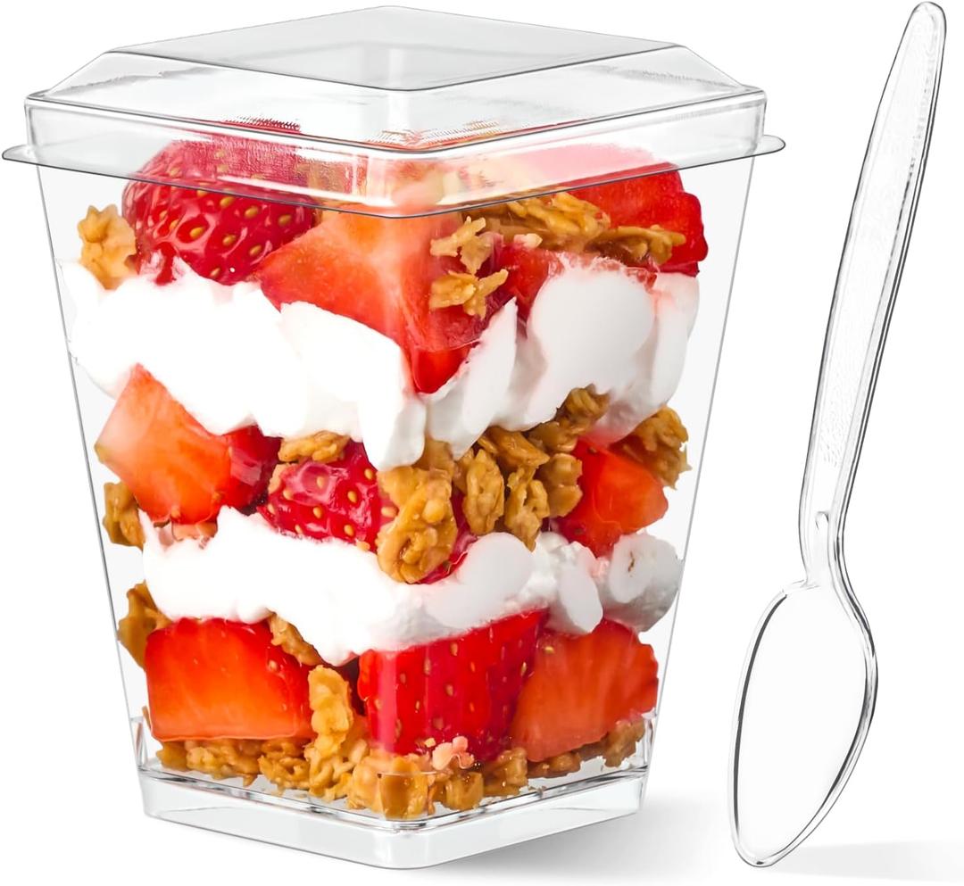 5 oz Plastic Dessert Cups with Lids and Spoons, 50 Pack Mini Parfait Cups Clear Dessert Shooter Cups for Banana Pudding, Fruit, Jello, Appetizer, Trifle