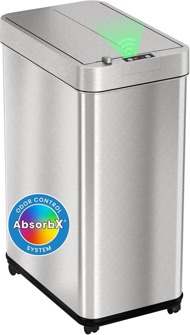 iTouchless 13 Gallon Wings-Open Mobile Wheeled Kitchen Trash Can with Lid and Odor Filter, Dog Proof Stainless Steel Garbage Bin for Home Office Work Bedroom Living Room Garage Slim Wastebasket