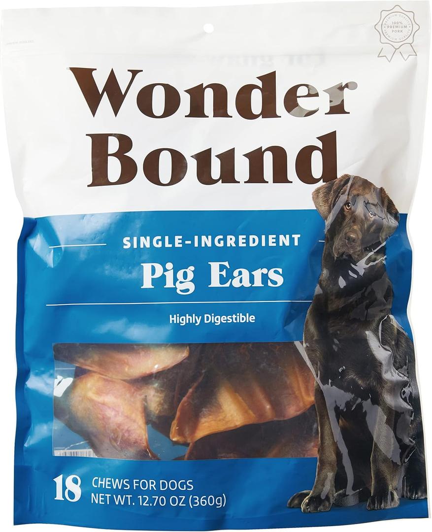Amazon Brand - Wonder Bound Whole Pig Ears, Single Ingredient, Highly Digestible, Dog Treats for Puppy and Large/Medium Dogs, Pork, 18 count, 12.7 ounce (Pack of 1) (EXP 03/01/28)